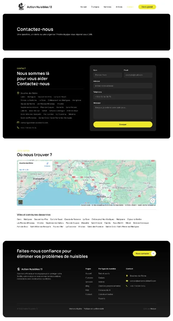 Action Nuisibles 13 - Page contact, formulaire et zones d'intervention