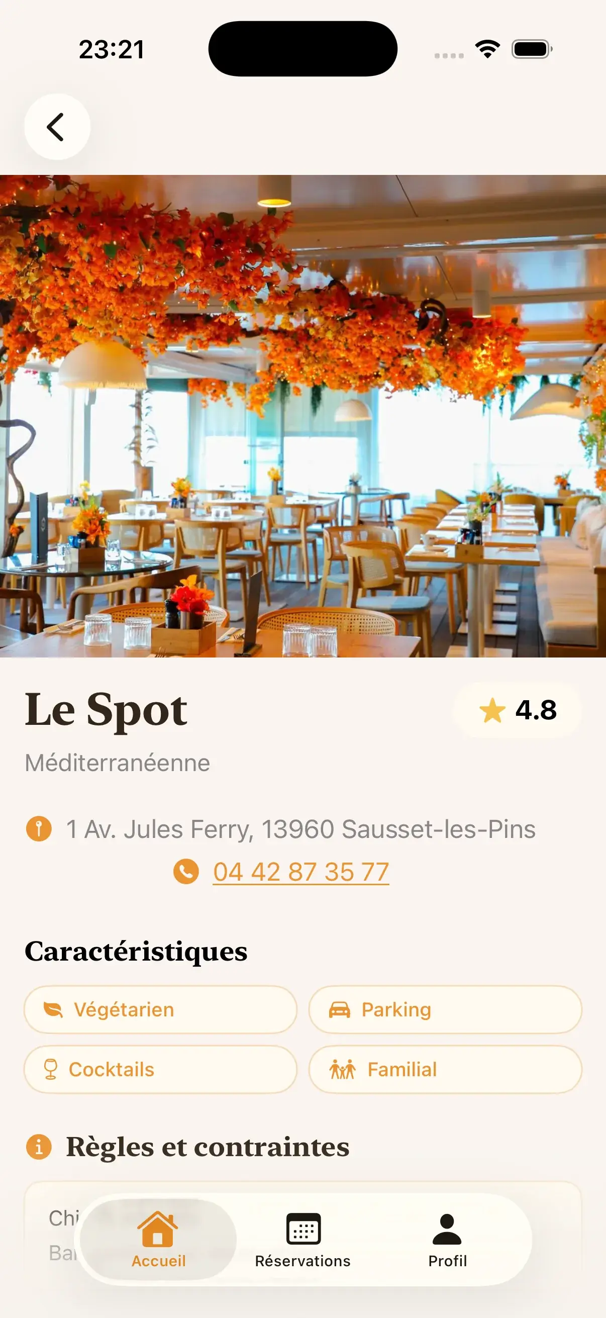 Aperçu du projet App de réservation Restaurant, écran 2