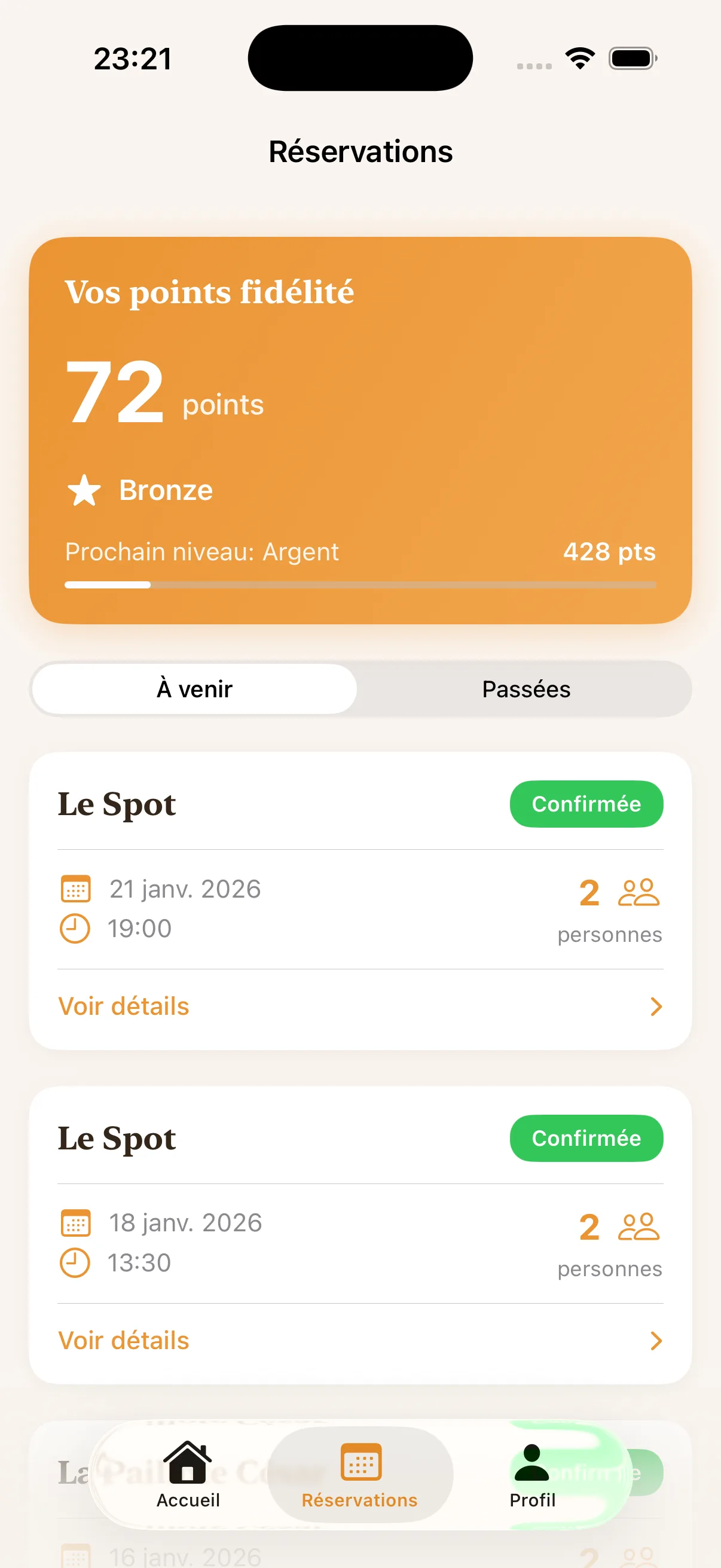 Application de réservation de restaurant - Réservations à venir et points de fidélité