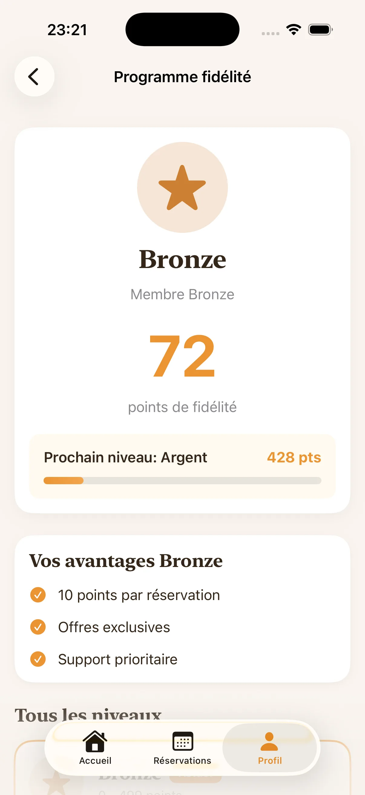 Application de réservation de restaurant - Programme de fidélité, niveau et avantages