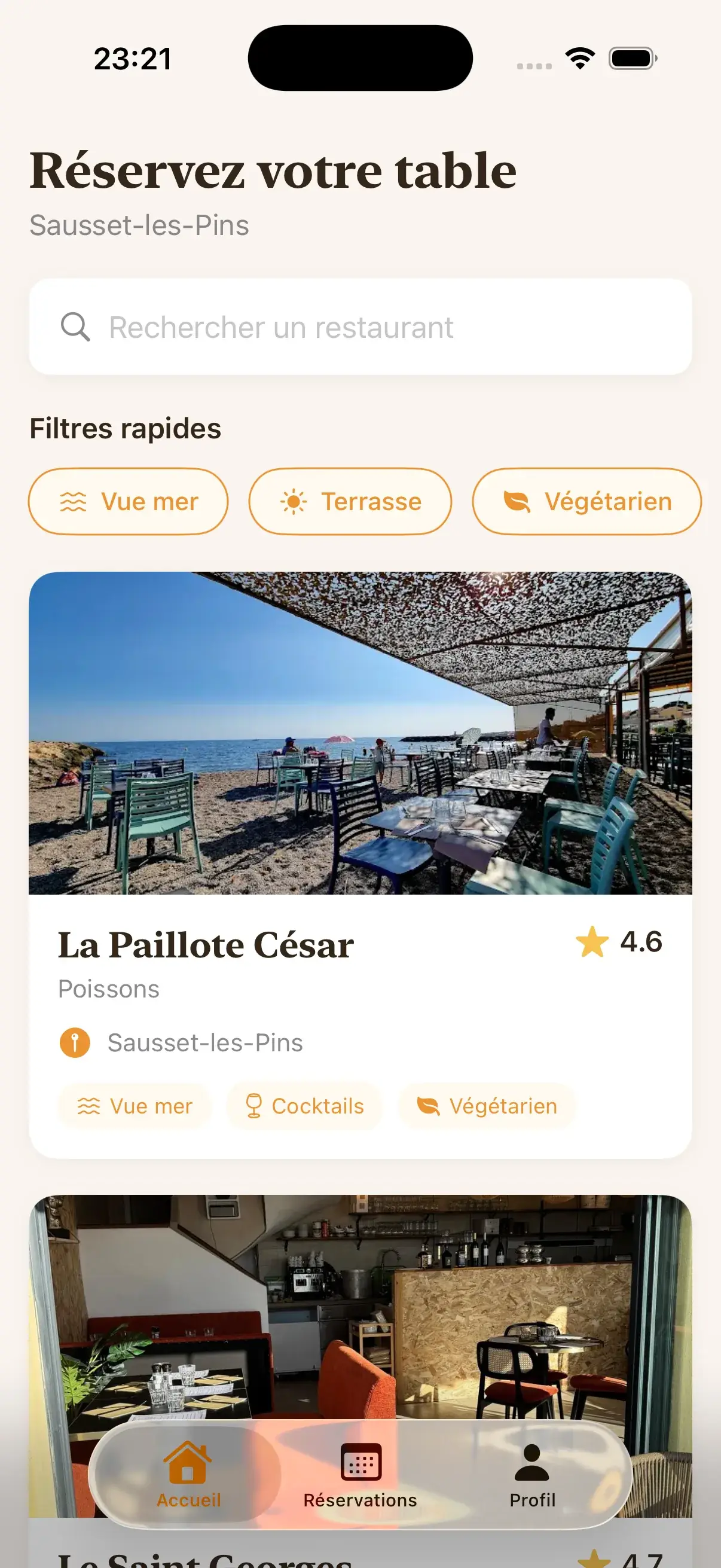 Aperçu du projet App de réservation Restaurant, écran 1