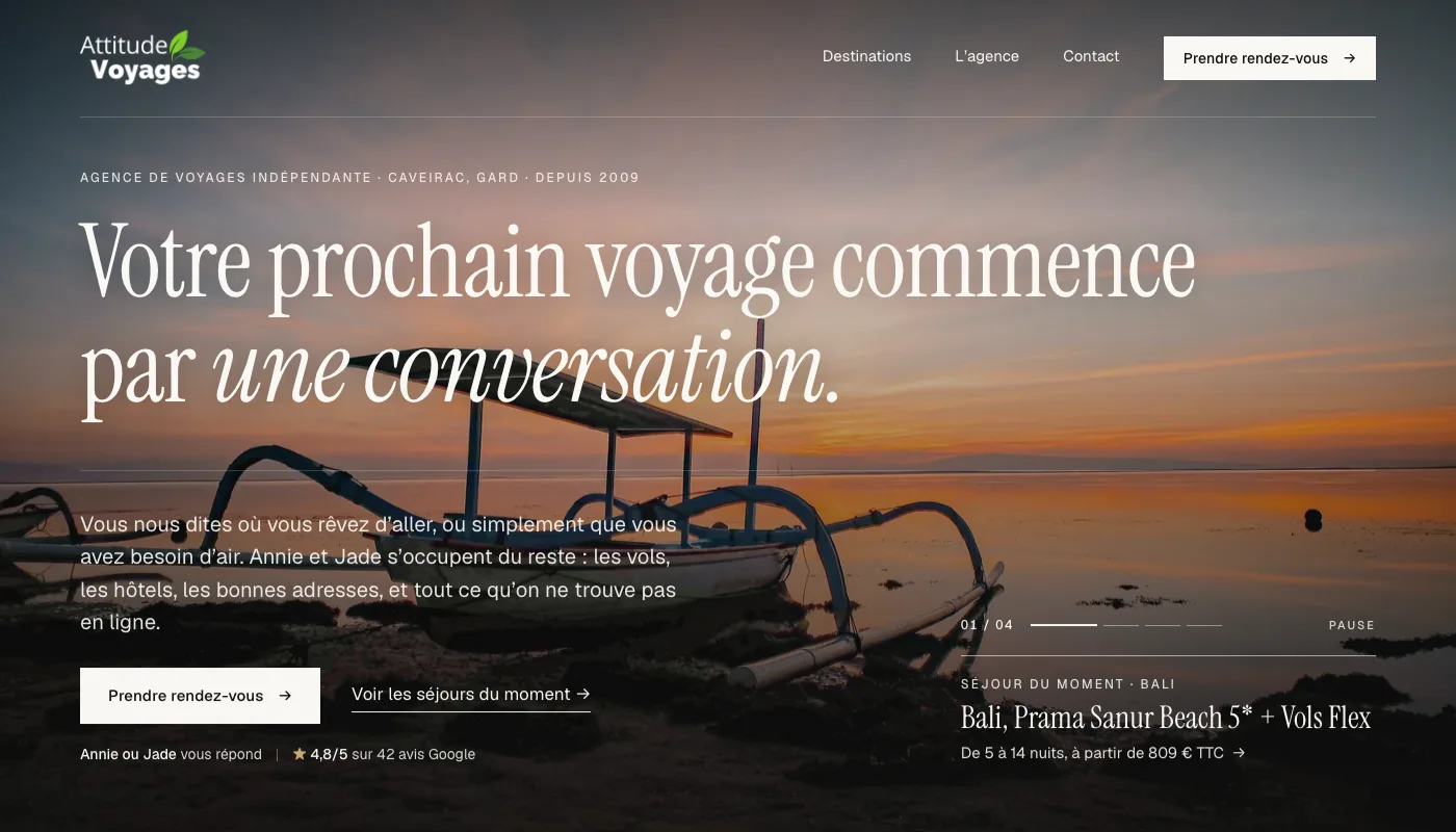 Agence de voyages - Page d'accueil, séjours du moment et prise de rendez-vous
