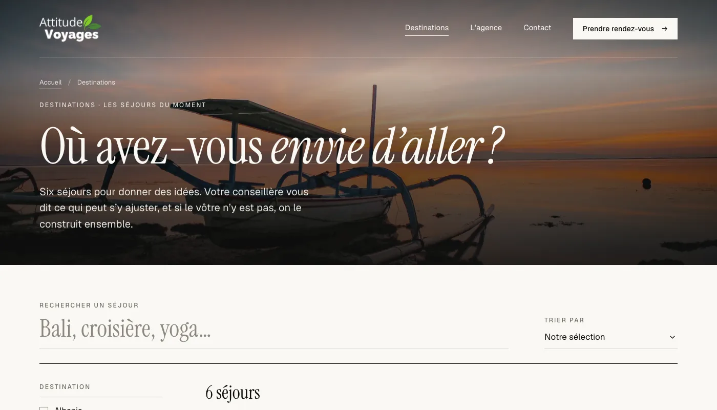 Agence de voyages - Page destinations, recherche et tri des séjours