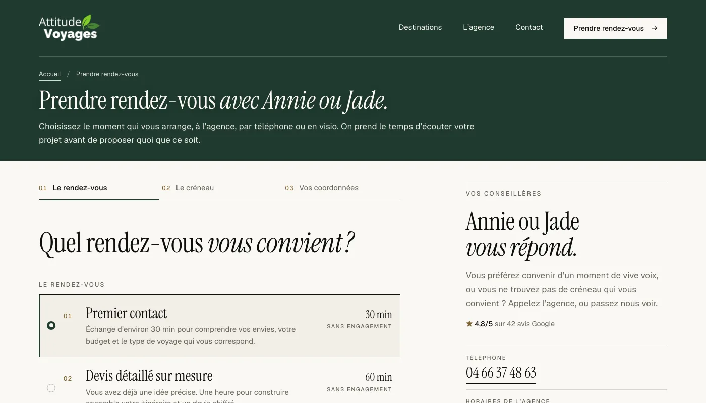 Agence de voyages - Prise de rendez-vous en trois étapes avec une conseillère