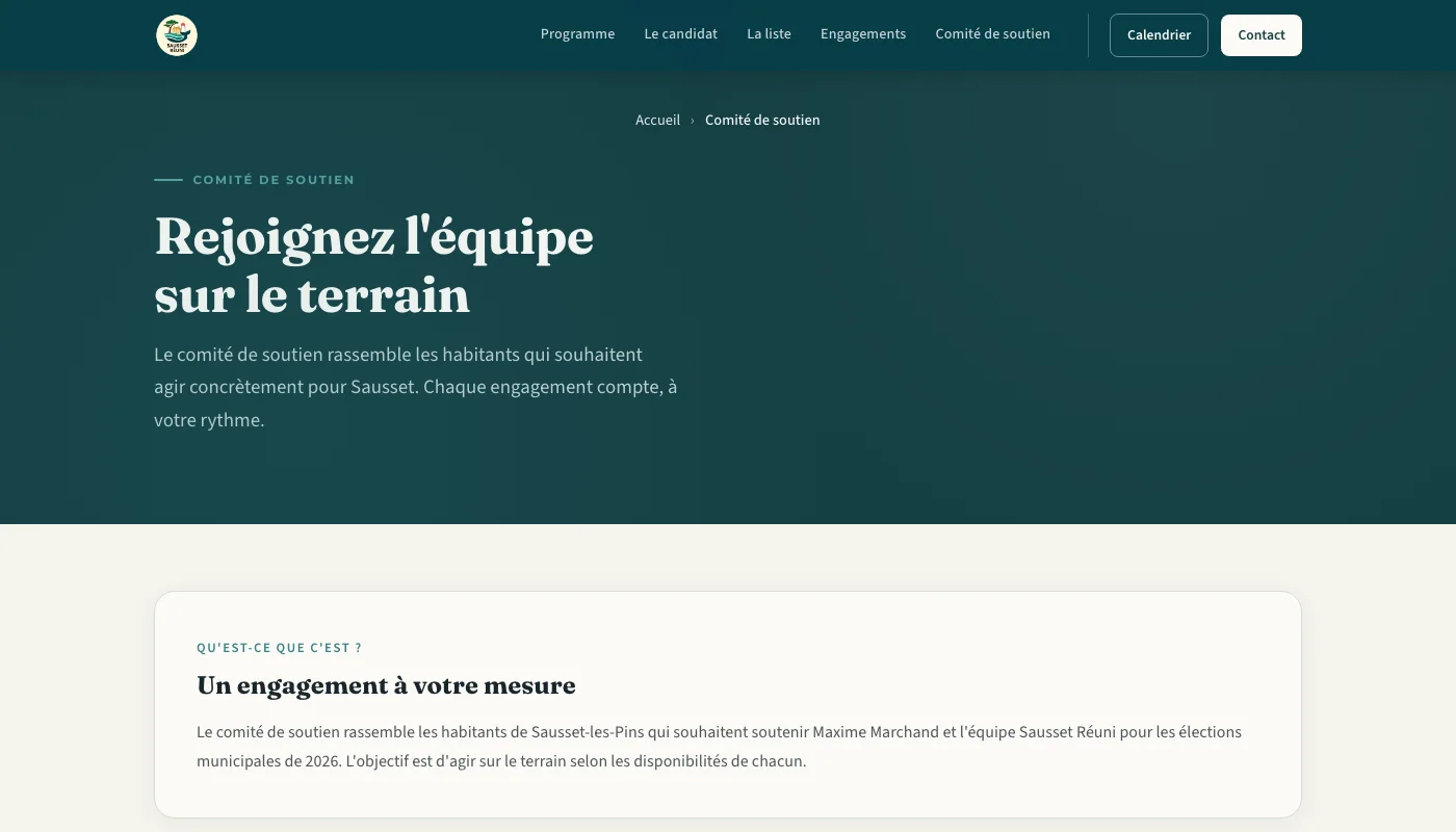 Campagne municipale - Page comité de soutien, formulaire d'inscription