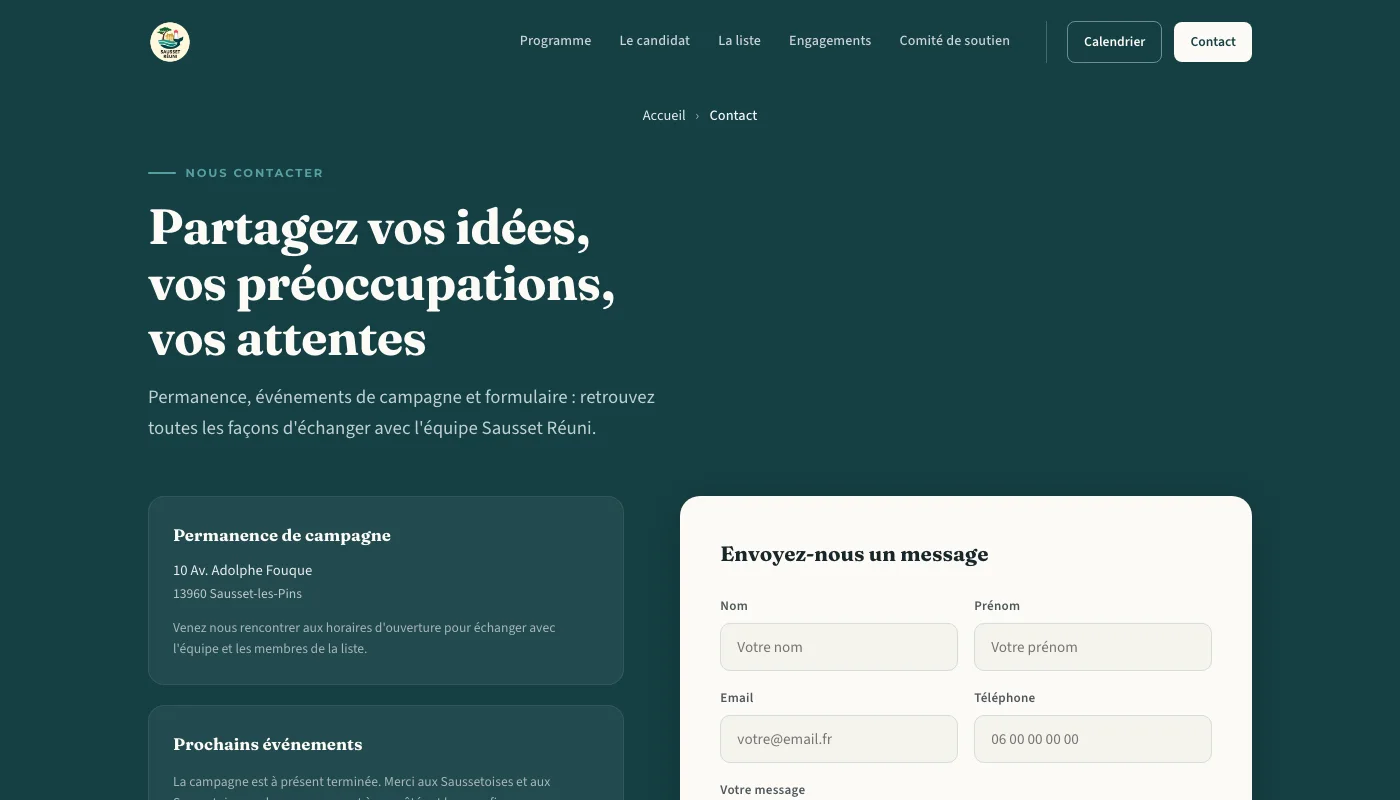 Campagne municipale - Page contact, formulaire et permanence